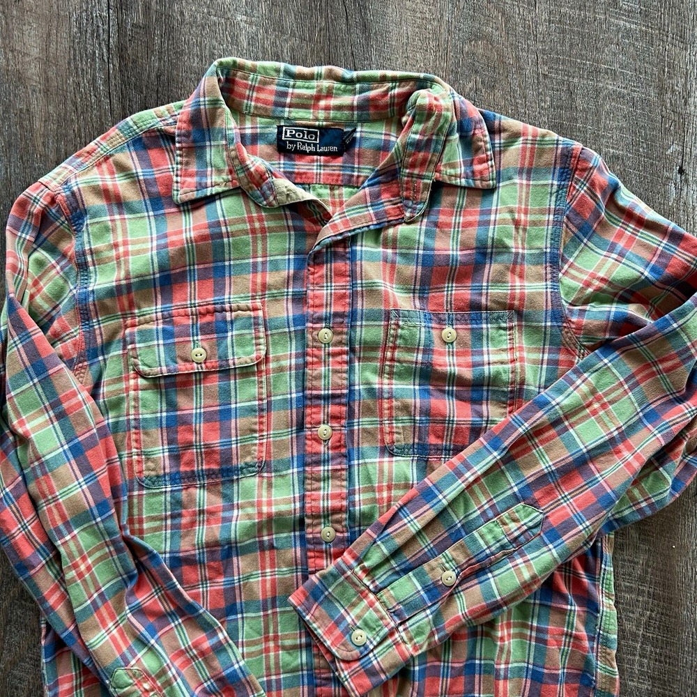 Polo by Ralph Lauren Madras Plaid Flannel Work Shirt Mens M Vintage Cotton